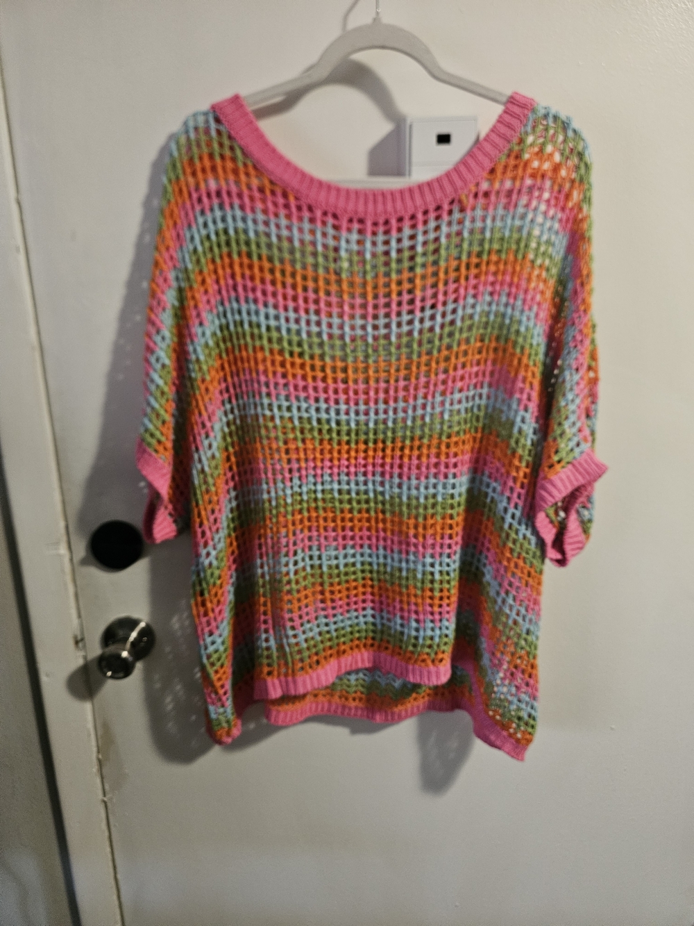 Bright Multicolor Open Knit Sweater with Pink Trim